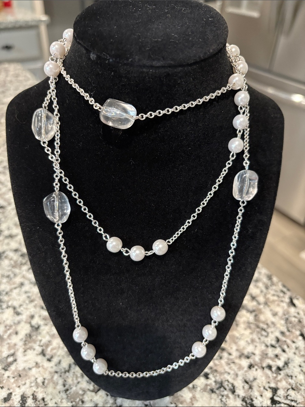 Long necklace silver tone pearl and acrylic beads.